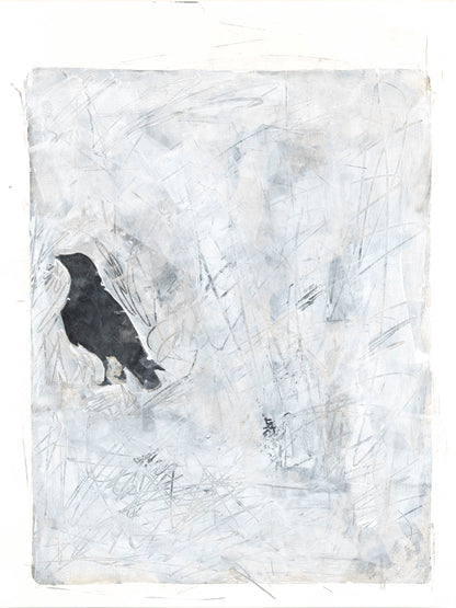 Carrie Bergey's monoprint of a raven with layered gray textures and abstract lines. A moody and artistic print for expressive interiors.