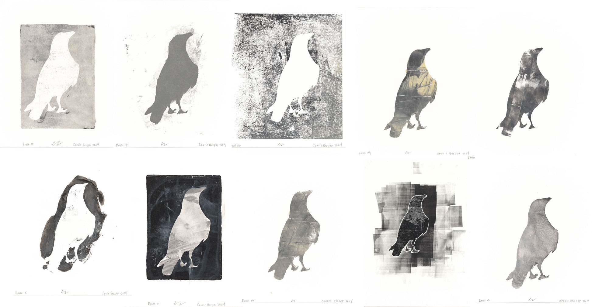 Composite layout of all 10 monoprints from Raven 01-10 Original Fine Art Monoprint Decade Collection by Carrie Bergey, showcasing unique raven silhouettes.