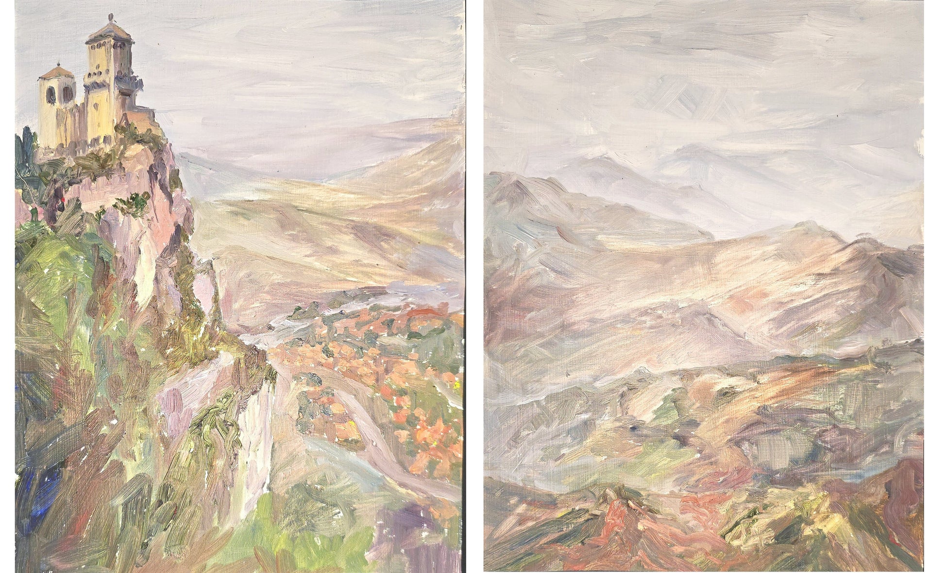 San Marino Italy Art Collection - Original Oil Set showcasing a diptych of a cliffside church and misty mountains in impressionist style.