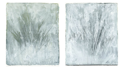 Seagrass 01-02 Original Fine Art Monoprint Diptych Collection by Carrie Bergey featuring abstract underwater grass textures in green and gray tones.