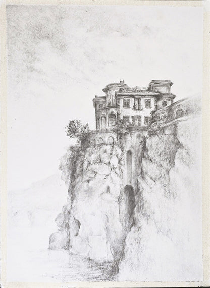 Sorrento Italy Original Fine Art Painting by Carrie Bergey features a detailed pencil drawing of a coastal villa perched on a cliff. Ideal for home decor in the visual artwork category.