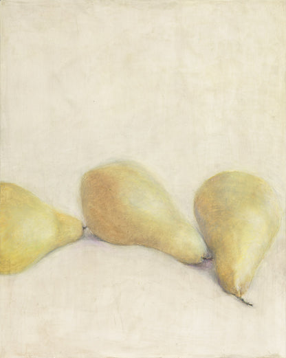 Right panel of Pears The After Party Painting by Carrie Bergey featuring two golden pears on a light, textured background.