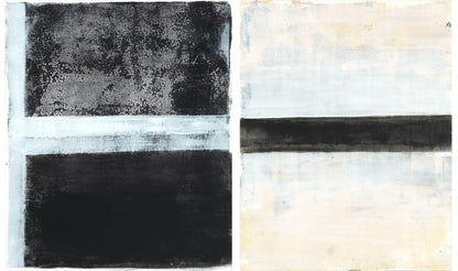Tux Original Fine Art Monoprint Diptych Collection by Carrie Bergey, a set of two abstract prints blending black, white, and neutral tones in minimalist harmony.