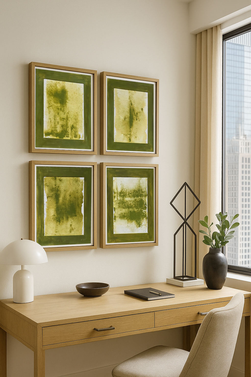 Verdant Memory Original Fine Art Painting Quadriptych Collection by Carrie Bergey displayed above a modern wooden desk, adding organic texture to home decor.