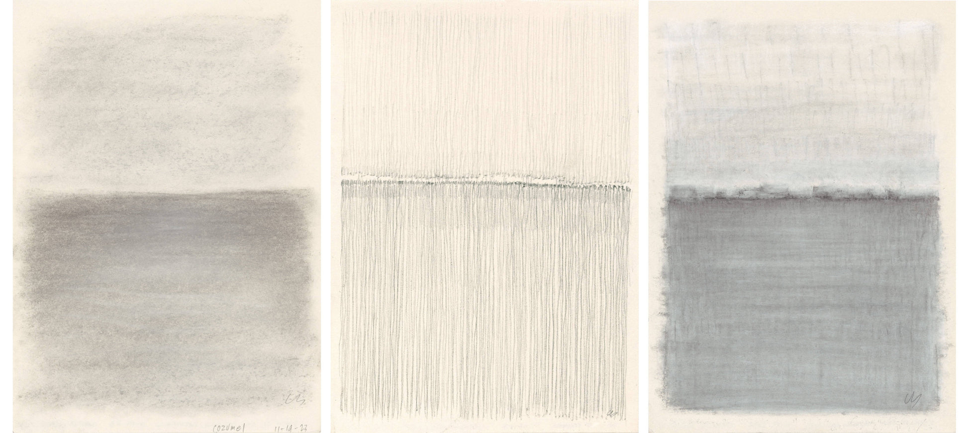 Full view of Vista 02-04-05 Triptych by Carrie Bergey, a fine art drawing series capturing Cozumel's landscapes in abstract graphite forms.