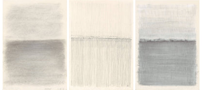 Vista 02-04-05 Triptych by Carrie Bergey featuring three abstract graphite and pastel drawings inspired by Cozumel's serene landscapes.