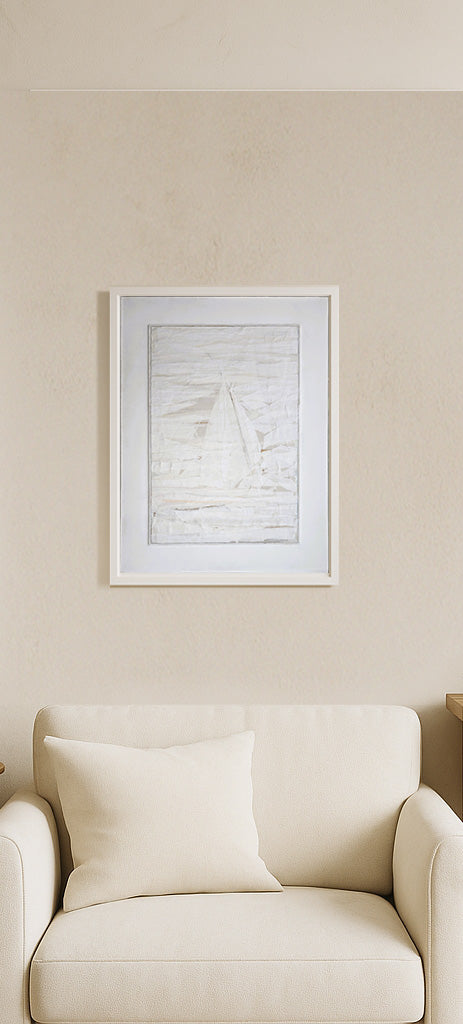 Beyond Tiburon - Sailing mixed media painting by Carrie Bergey displayed above a cream sofa, blending seamlessly with minimalist home decor.