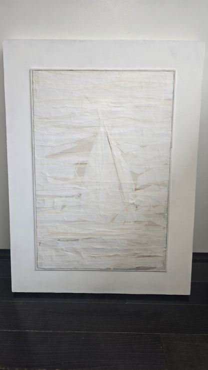 Framed Beyond Tiburon - Sailing original mixed media painting by Carrie Bergey leaning against a wall, showcasing its neutral tones and layered design.