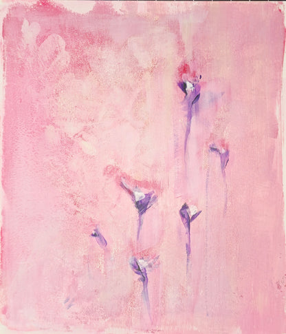 Left panel of the Original Fine Art Painting Diptych by Carrie Bergey with delicate purple buds emerging from a textured blush pink canvas.