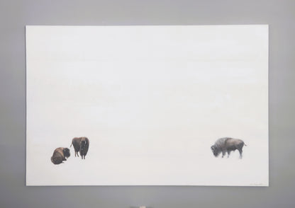 Full view of Carrie Bergey's 'Bridges Between Coasts - Buffalo & San Francisco' painting featuring three bison on a minimalist white canvas.