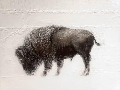Close-up of a bison in Carrie Bergey's 'Bridges Between Coasts - Buffalo & San Francisco' original fine art painting, textured white background.