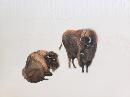 Detail of two bison, one seated and one standing, in Carrie Bergey's 'Bridges Between Coasts - Buffalo & San Francisco' fine art painting.