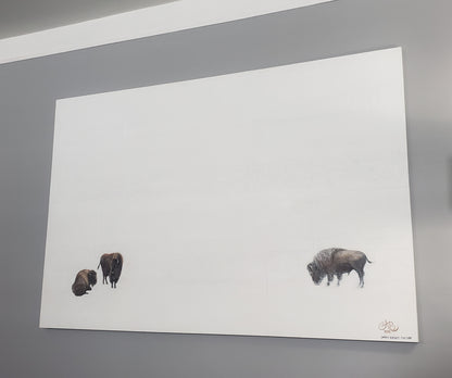 Side angle of 'Bridges Between Coasts - Buffalo & San Francisco' painting by Carrie Bergey showing bison and subtle bridge texture on white canvas.