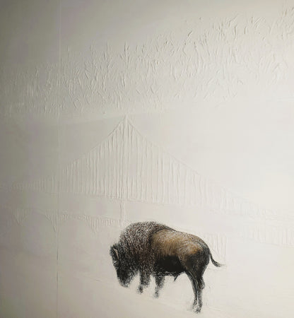 Textured bridge and bison detail from Carrie Bergey's 'Bridges Between Coasts - Buffalo & San Francisco' original fine art painting on white background.