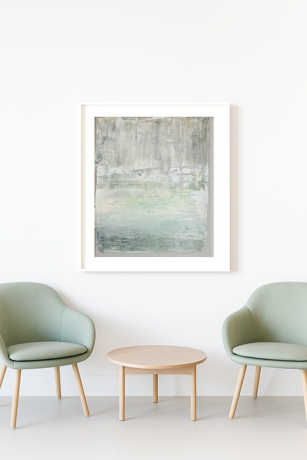 Framed Drift Original Fine Art Painting by Carrie Bergey displayed in a modern minimalist room, enhancing serene home decor with abstract elegance.