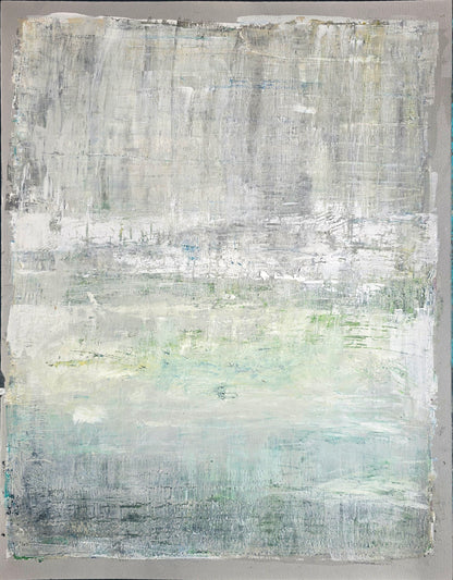 Drift Original Fine Art Painting by Carrie Bergey showcases abstract expressionism with soft gray, green, and white tones on textured paper.