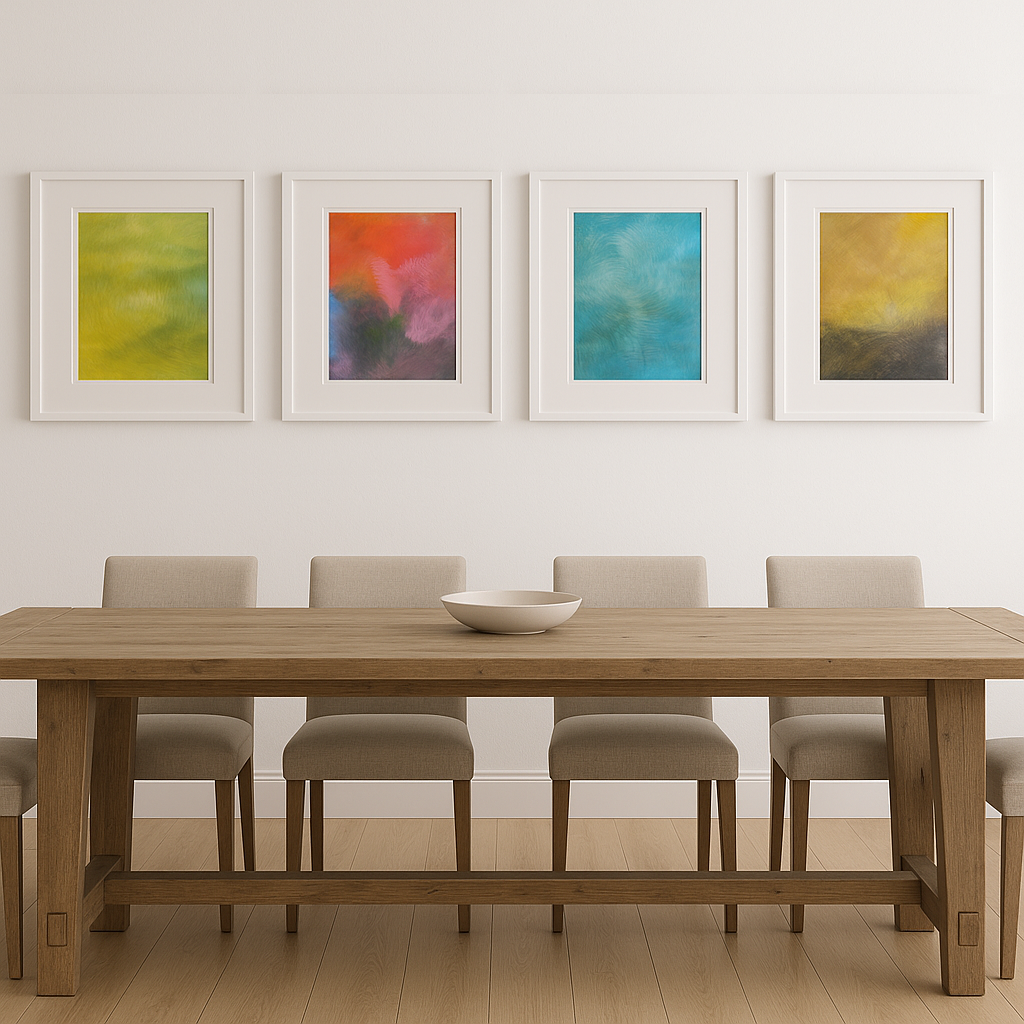 Echoes Original Fine Art Painting Quadriptych Collection by Carrie Bergey displayed above a modern dining table. Abstract art in vibrant hues enhances home decor.