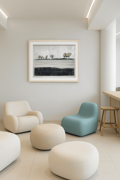 Framed 'Eight Sentinels' by Carrie Bergey displayed in a modern living space. Acrylic gouache landscape art enhances minimalist home decor with abstract tree forms.