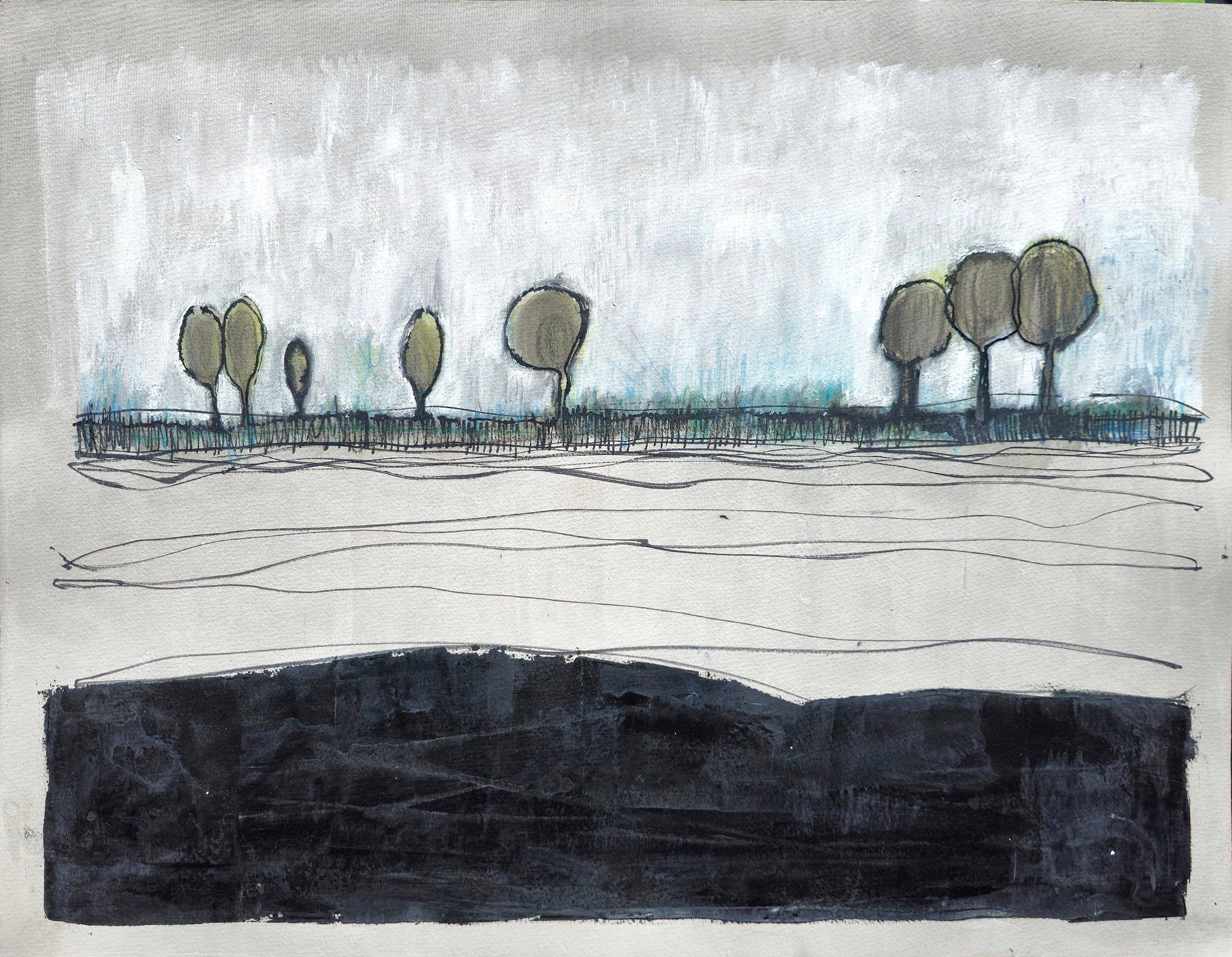 Carrie Bergey Art - Acrylic Landscape Gouache | Trees on Paper features abstract trees in muted tones of black, grey, white, blue, and green. Modern gouache painting titled 'Eight Sentinels' on textured paper.