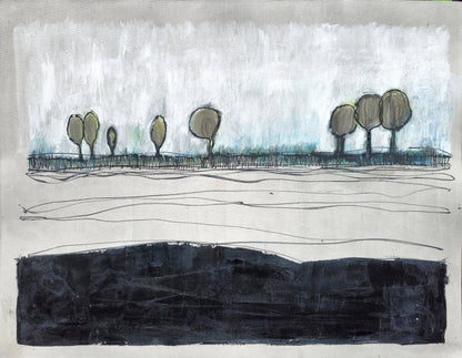 Carrie Bergey Art - Acrylic Landscape Gouache | Trees on Paper features abstract trees in muted tones of black, grey, white, blue, and green. Modern gouache painting titled 'Eight Sentinels' on textured paper.