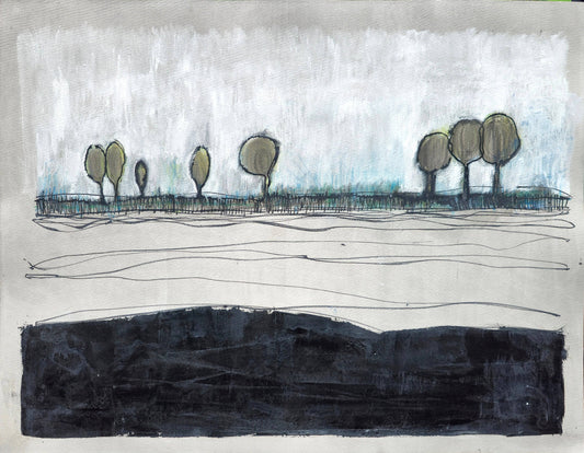 Carrie Bergey Art - Acrylic Landscape Gouache | Trees on Paper features abstract trees in muted tones of black, grey, white, blue, and green. Modern gouache painting titled 'Eight Sentinels' on textured paper.
