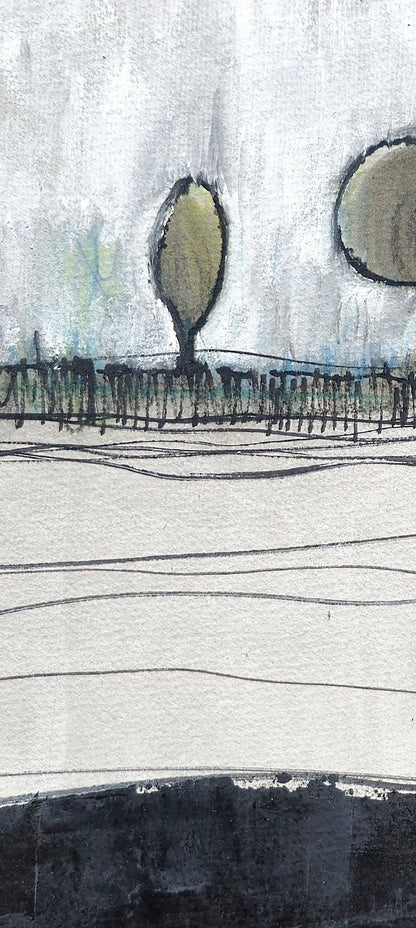 Close-up of Carrie Bergey's 'Eight Sentinels' shows textured brushwork and abstract tree details in acrylic gouache. Modern landscape art on paper in muted tones.