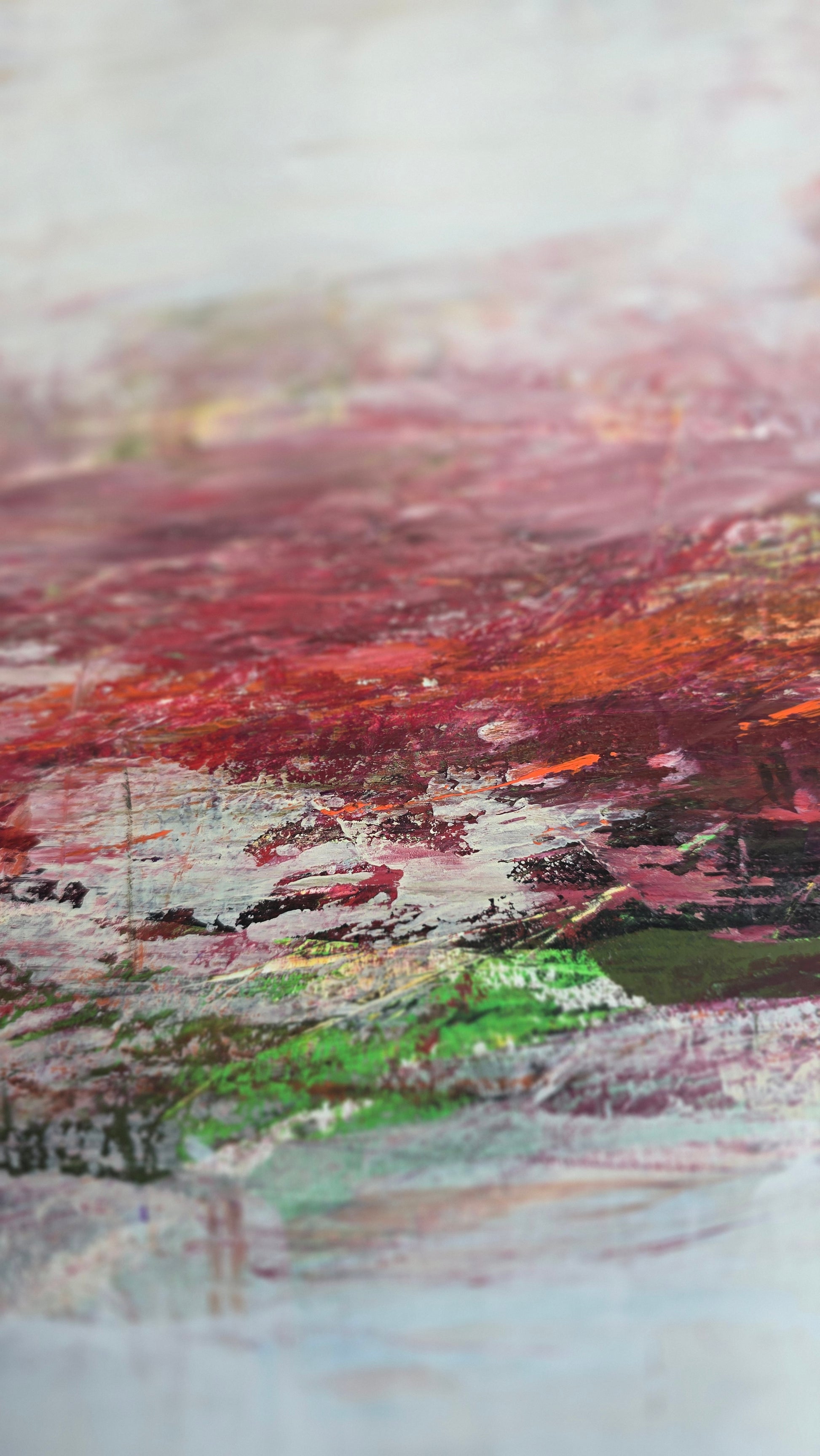 Detail view of Carrie Bergey's Full Spectrum Acrylic Painting highlighting layered reds and greens. Original abstract artwork for modern home decoration.