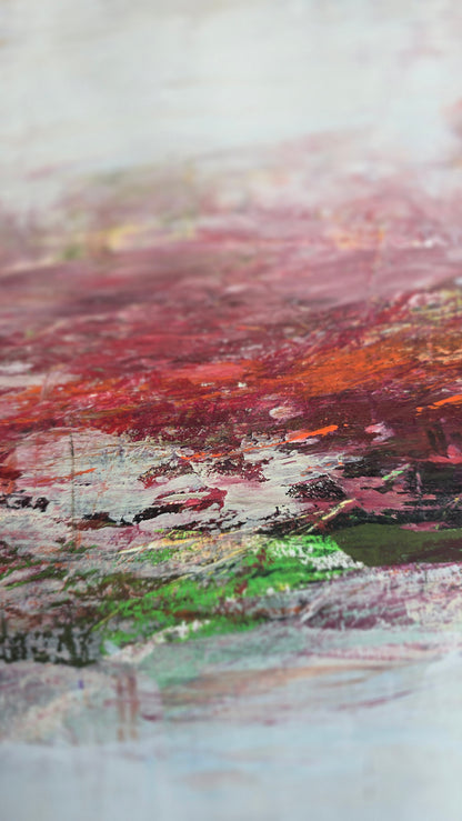 Detail view of Carrie Bergey's Full Spectrum Acrylic Painting highlighting layered reds and greens. Original abstract artwork for modern home decoration.