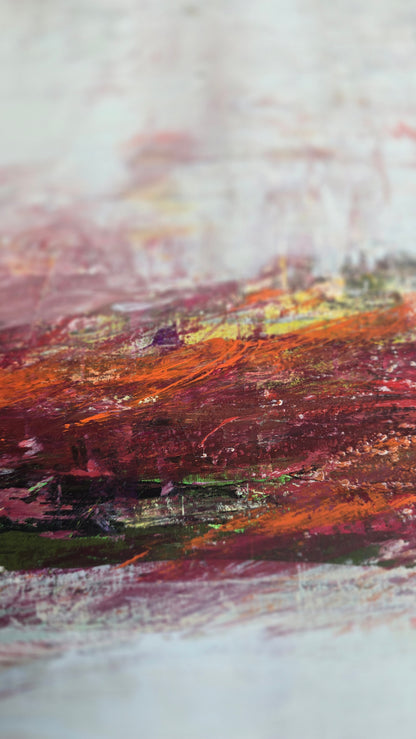 Macro shot of Full Spectrum Acrylic Painting by Carrie Bergey with rich red and orange textures. Abstract original art for stylish home and garden decor.