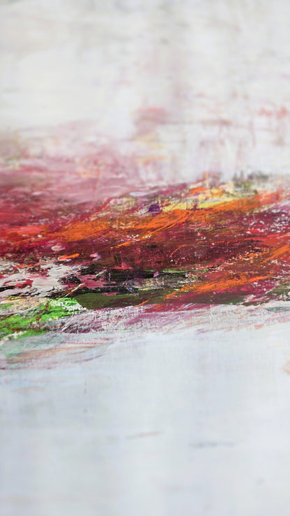 Close-up of Full Spectrum Acrylic Painting by Carrie Bergey showing textured brushstrokes in red, orange, and green. Abstract gouache art for home interiors.