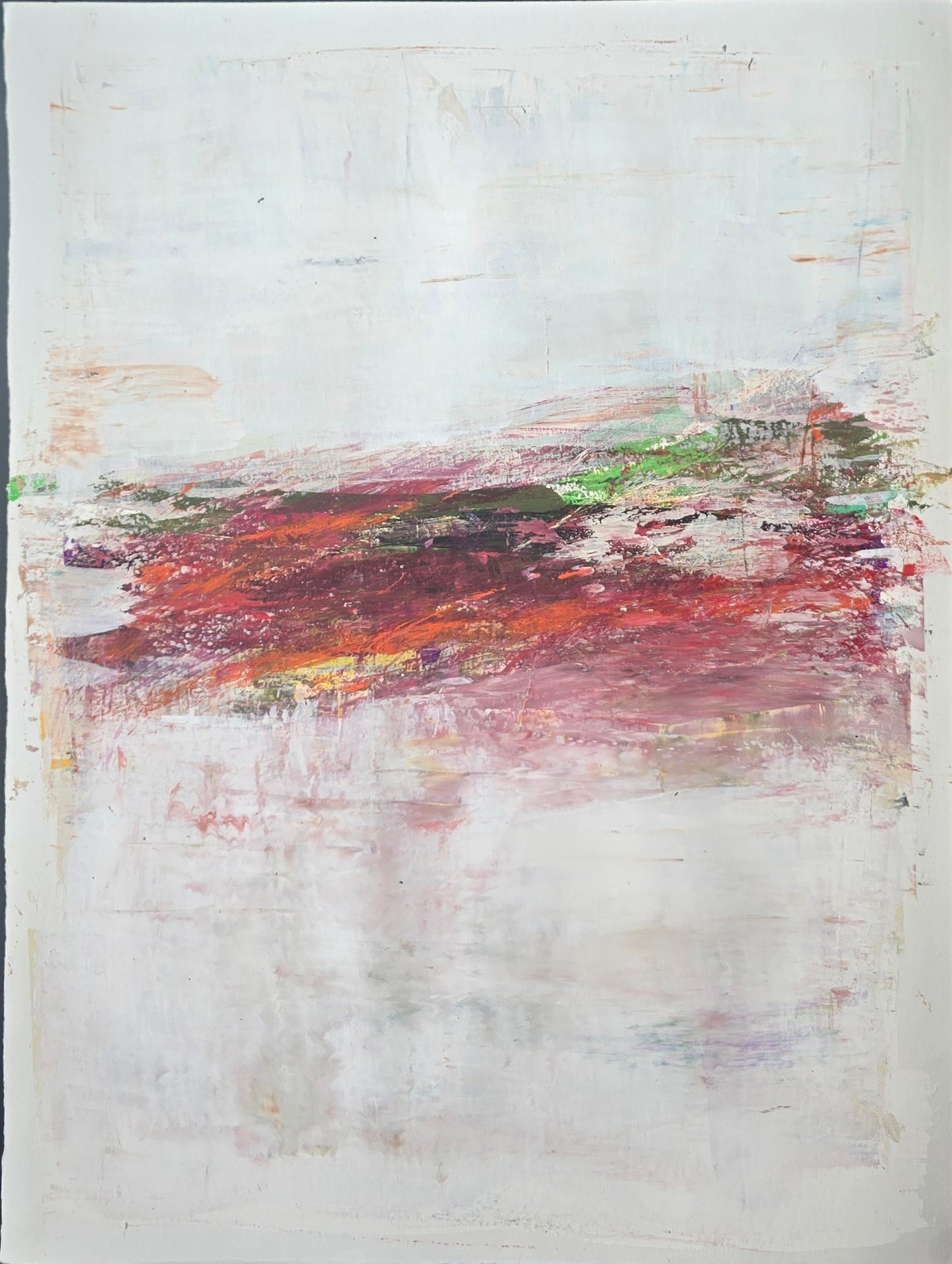 Full Spectrum Acrylic Painting - Carrie Bergey showcases expressive strokes in red, violet, and green. Unique abstract gouache piece for art collectors.
