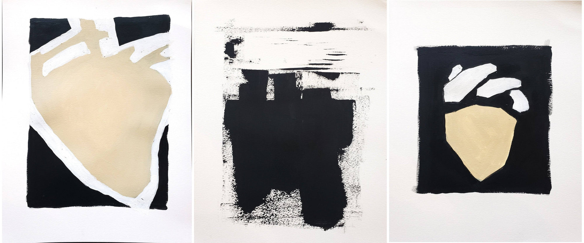 Heart 01-02-03 Original Fine Art Painting Triptych Collection by Carrie Bergey featuring abstract heart forms in black, white, and beige tones.