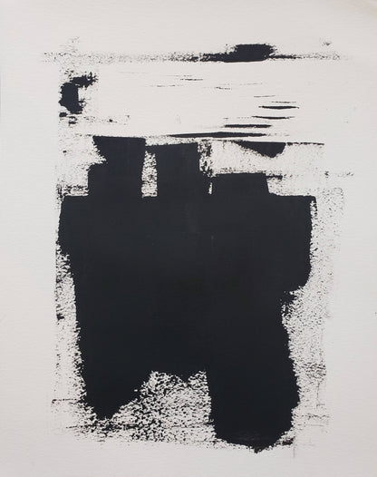 Heart 02 painting from the Heart 01-02-03 Triptych by Carrie Bergey, showcasing a bold black abstract form with textured white accents.