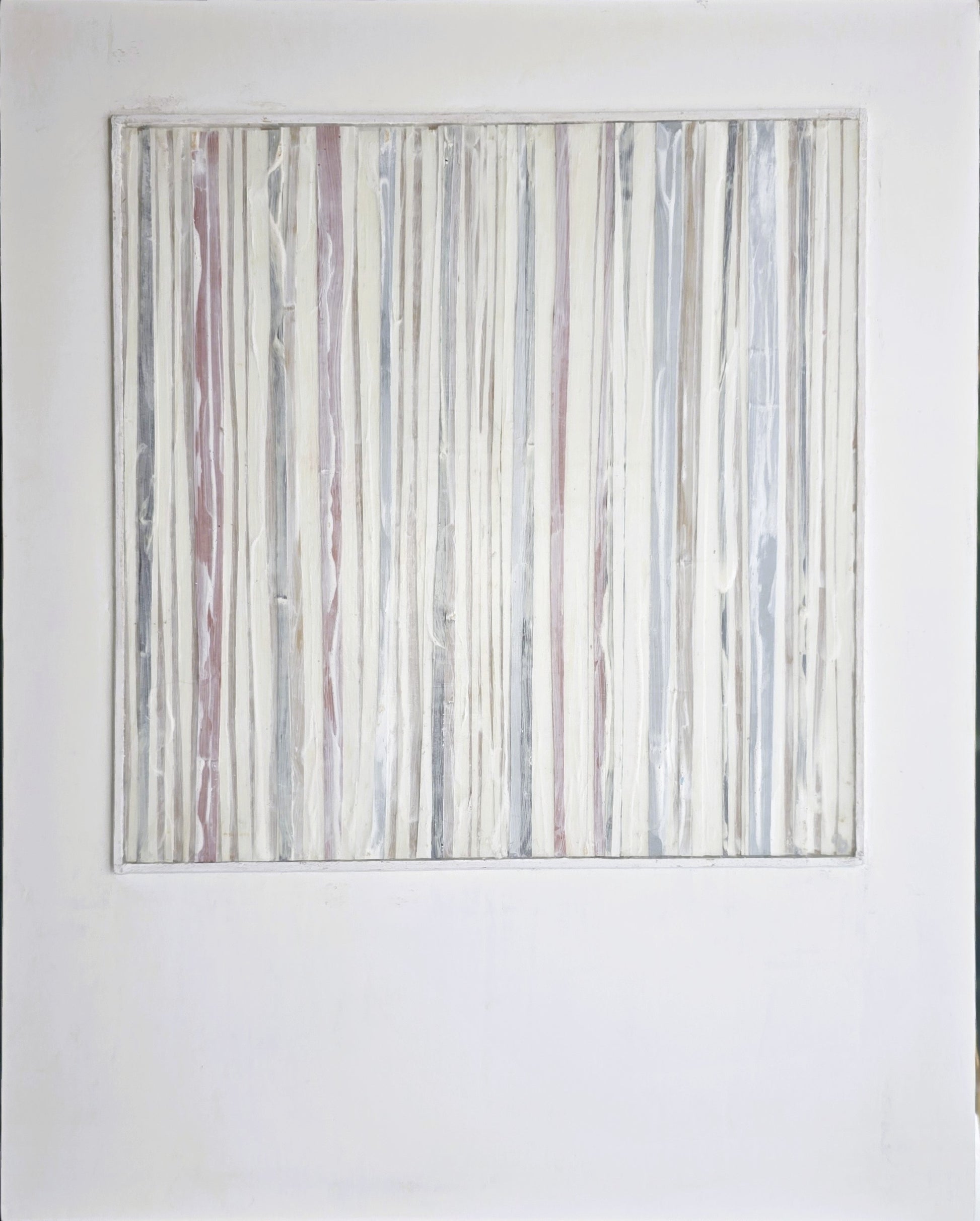 In-Line Minimalist Mixed Media Art by Carrie Bergey featuring vertical stripes in white, red, grey, and brown with textured acrylic on wood and paper.