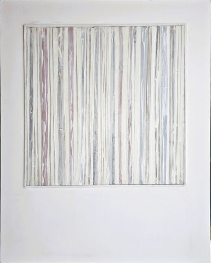 In-Line Minimalist Mixed Media Art by Carrie Bergey featuring vertical stripes in white, red, grey, and brown with textured acrylic on wood and paper.