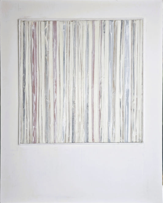 In-Line Minimalist Mixed Media Art by Carrie Bergey featuring vertical stripes in white, red, grey, and brown with textured acrylic on wood and paper.