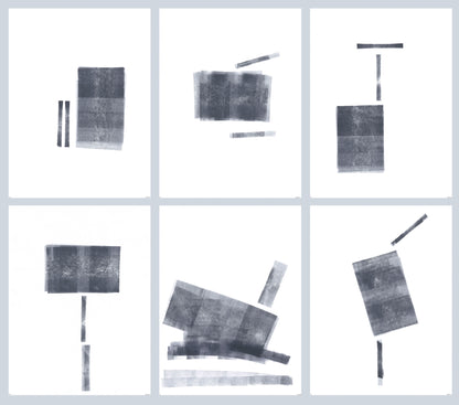 Ink on Paper 17-22 Original Fine Art Painting Hexaptych Collection featuring six abstract black ink compositions on white backgrounds in grid layout.