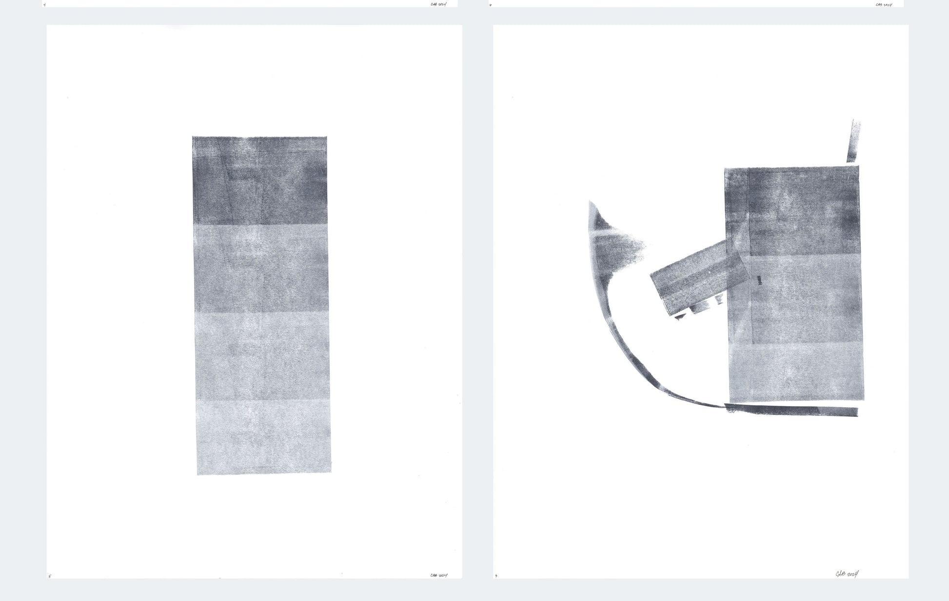 Ink on Paper 03-05 Original Fine Art Painting Diptych Collection featuring monochrome abstract forms on white background, ideal for modern interiors.