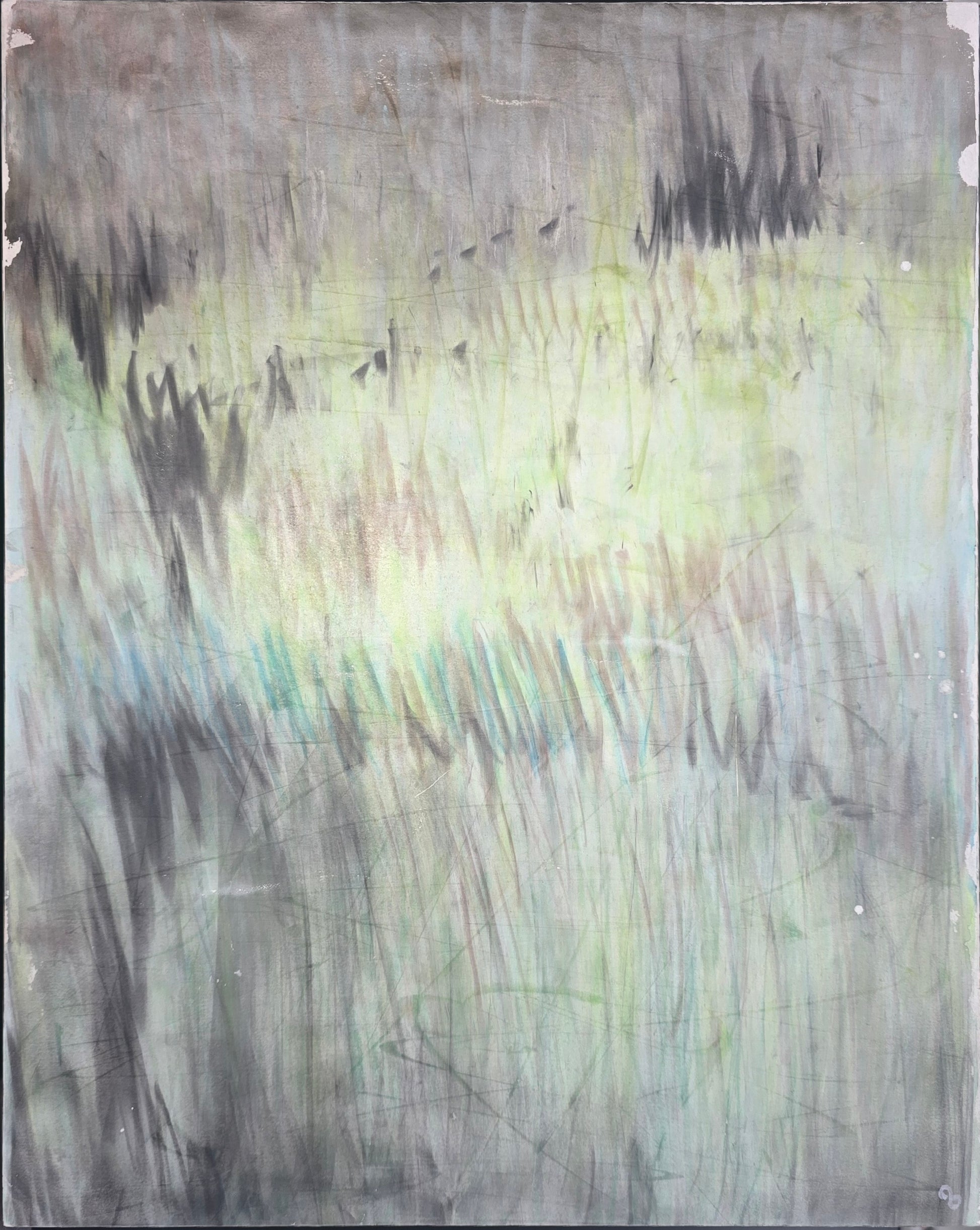 Full view of 'In the Haze' pastel monoprint by Carrie Bergey, featuring dreamy abstract patterns in muted greens, blues, and grays.