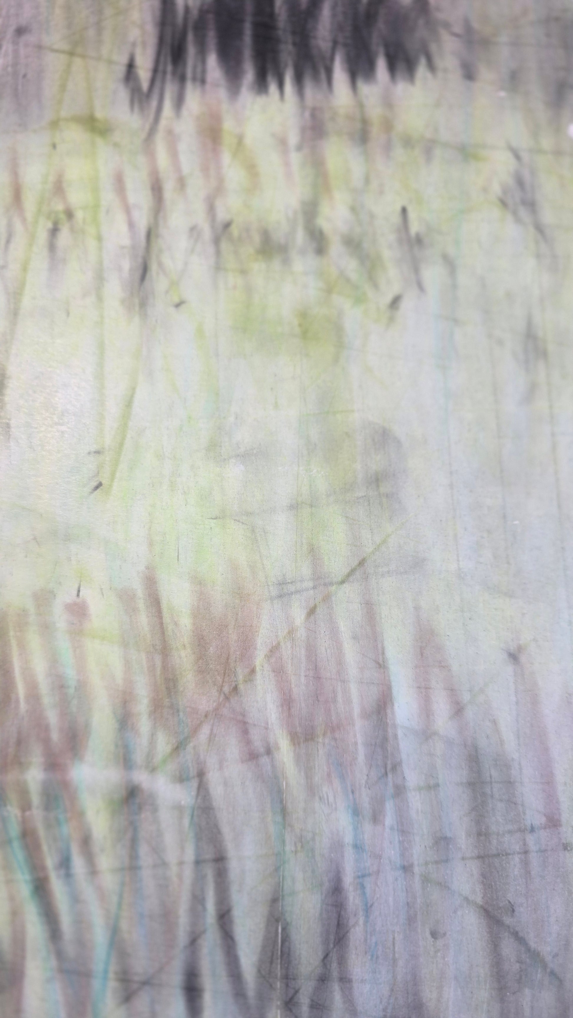 Detailed section of Carrie Bergey's 'In the Haze' pastel monoprint, highlighting the soft, abstract layering and subtle color blending.