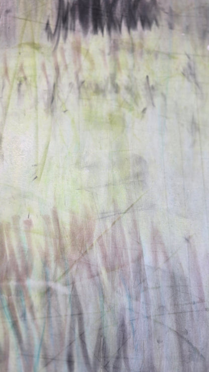 Detailed section of Carrie Bergey's 'In the Haze' pastel monoprint, highlighting the soft, abstract layering and subtle color blending.