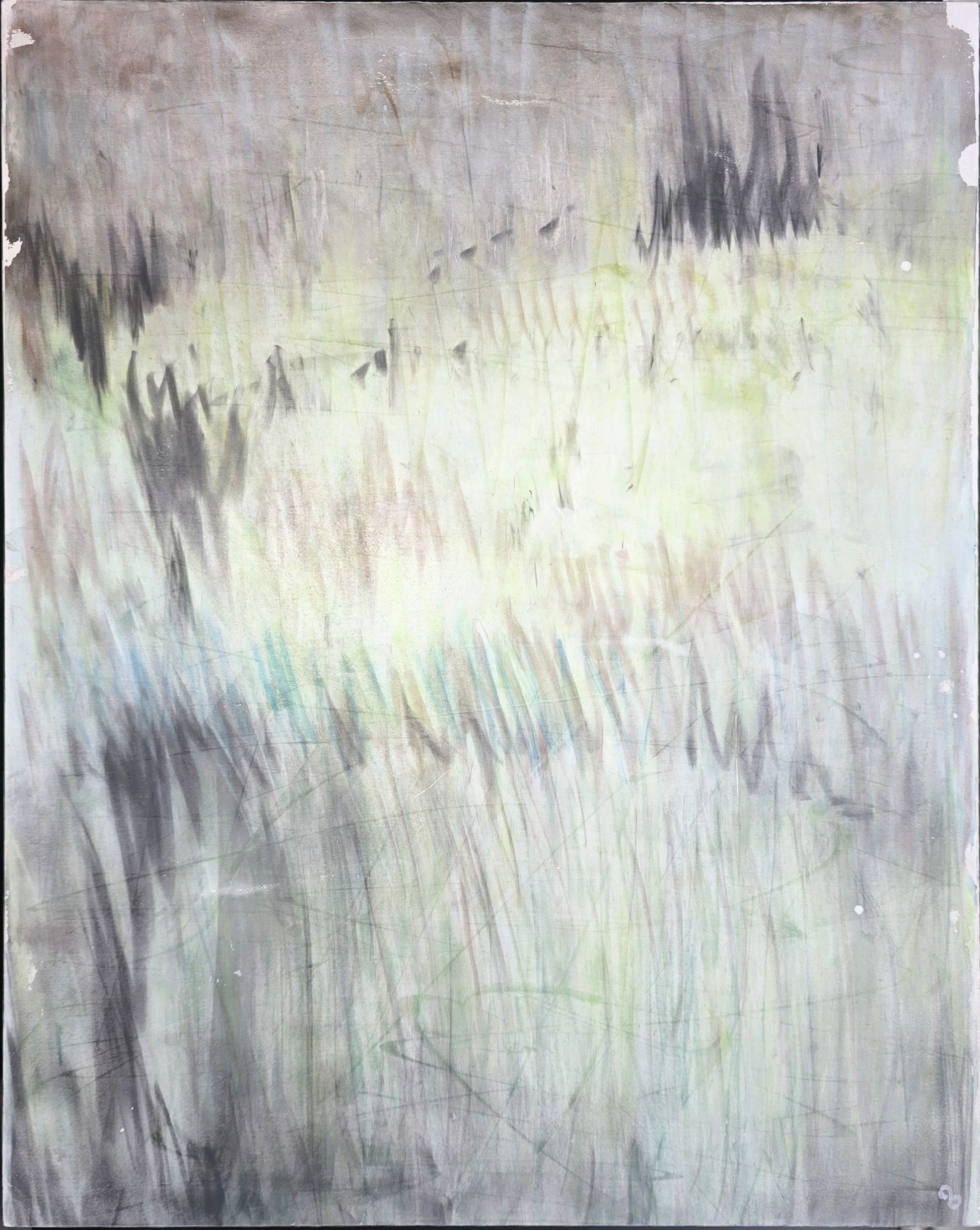 Original pastel monoprint art titled 'In the Haze' by Carrie Bergey, featuring abstract strokes in soft greens, blues, and grays on a 16x20 canvas.