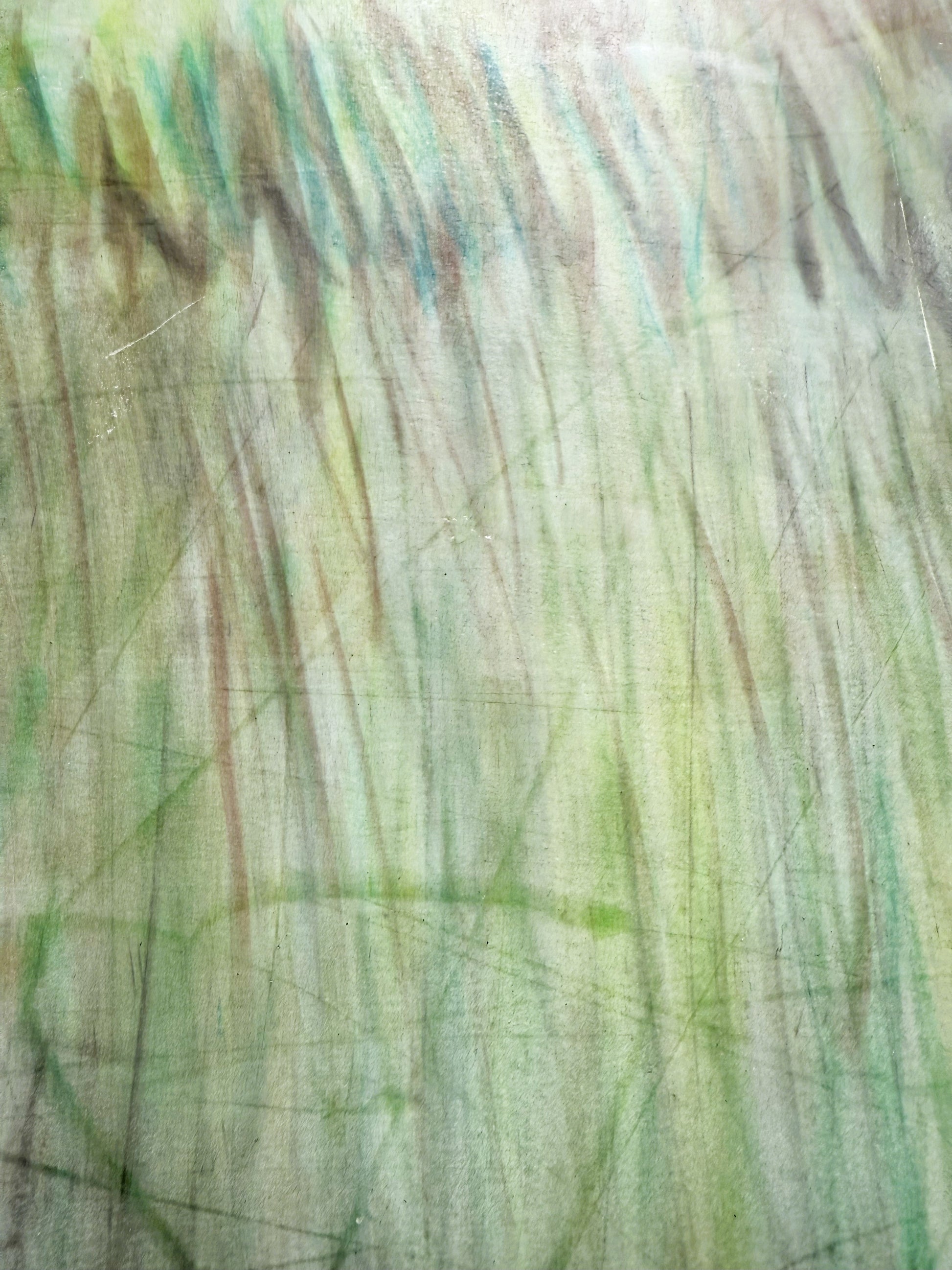 Close-up of 'In the Haze' pastel monoprint art by Carrie Bergey, showing layered textures and soft green and blue abstract detailing.