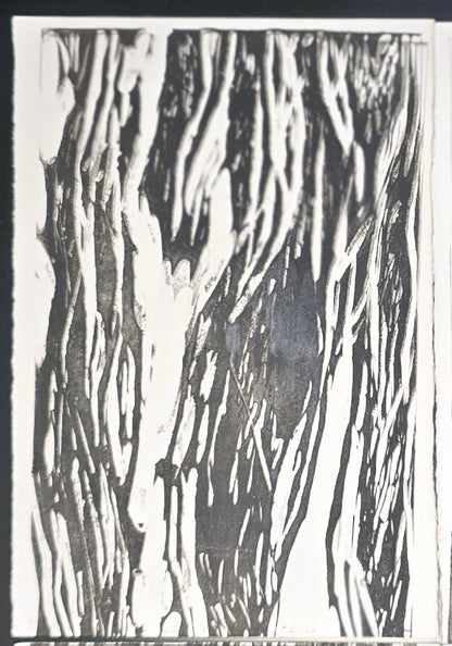 Close-up of top left panel from In the Weeds Monoprint Quadriptych by Carrie Bergey, showcasing organic vertical black and white patterns.