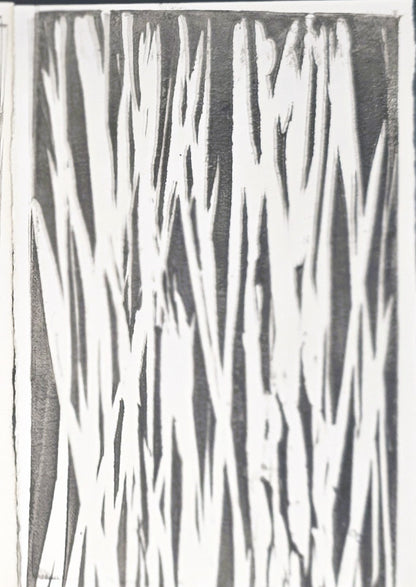 Close-up of top right panel from In the Weeds Monoprint Quadriptych by Carrie Bergey, featuring sharp, abstract white streaks on a dark background.