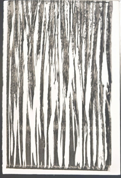 Close-up of bottom left panel from In the Weeds Monoprint Quadriptych by Carrie Bergey, with dense vertical black lines on white paper.