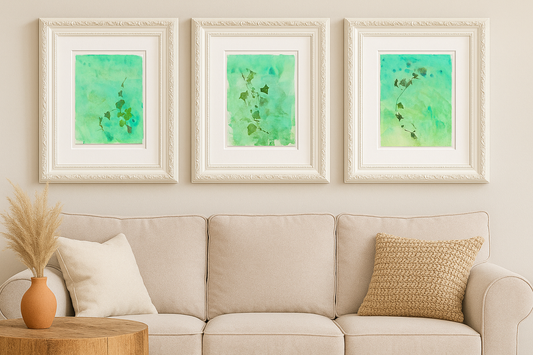 Ivy Art Reproduction Set - Monoprint Series | Fine Art Pieces displayed above a beige sofa. Set of 3 botanical prints with green ivy on textured backgrounds.