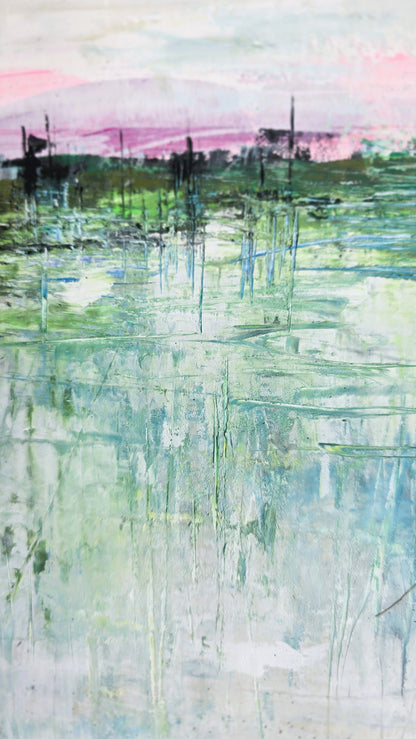 Close-up of Morning Marina painting by Carrie Bergey highlighting intricate brushwork and layered reflections in green and blue hues.