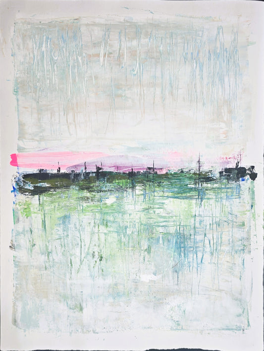 Morning Marina original fine art painting by Carrie Bergey featuring abstract reflections of a serene marina in soft greens, blues, and pinks.