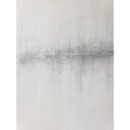 Close-up of Morning Marina Original Fine Art Painting reveals textured brushwork and soft gradients forming a peaceful marina horizon by Carrie Bergey.